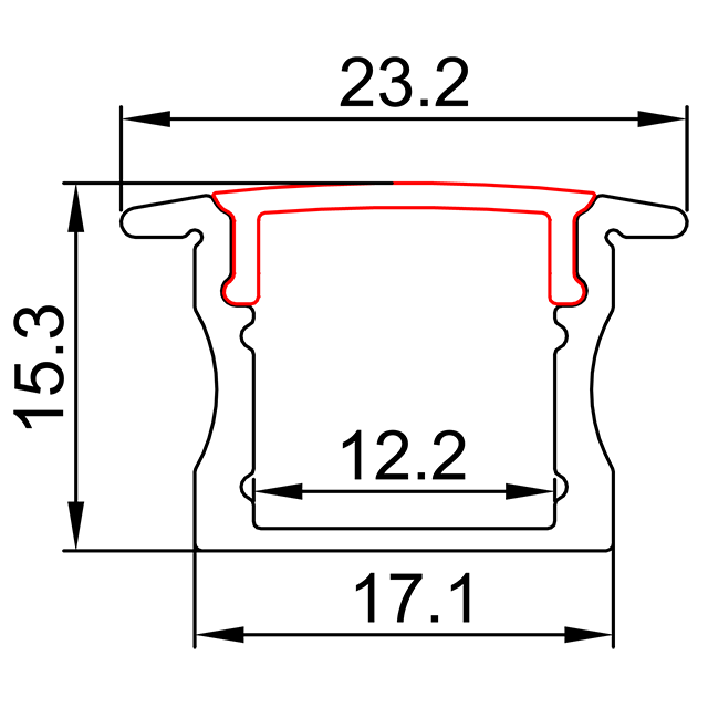 날개를 가진 W17.1mm*H15.3mm (안 폭 12.2mm) LED 알루미늄 단면도