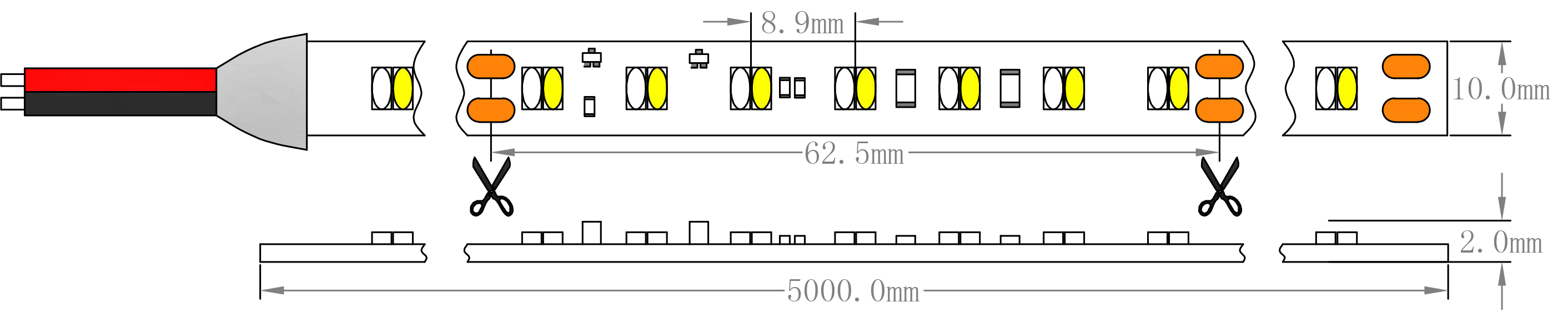 SMD2216 Dim to Warm LED 스트립 조명 치수
